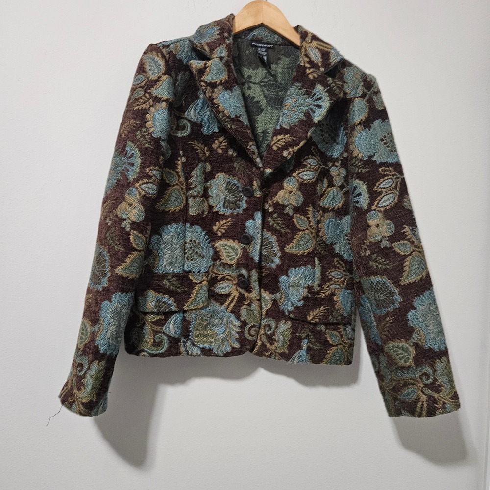 Portrait Womens Large Tapestry Floral‎ Blazer Blue Brown Chenille Jacket